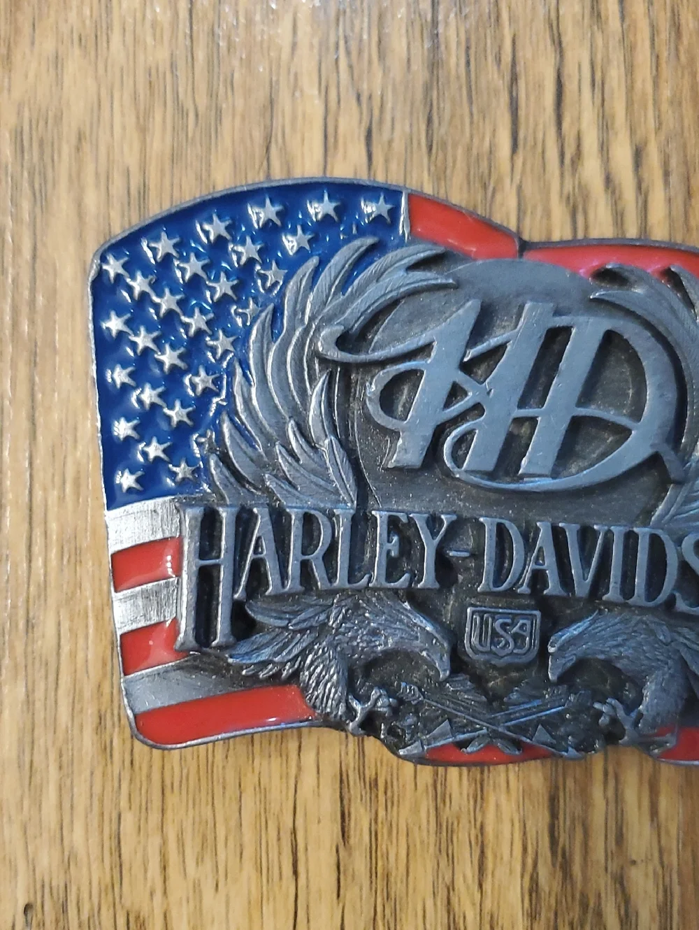 Harley-Davidson Patriotic Eagle Flag Belt Buckle 1989 Siskiyou- Red, White, Blue